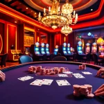 Experience i9bet's thrilling poker scene with players at an elegant table surrounded by captivating casino elements.