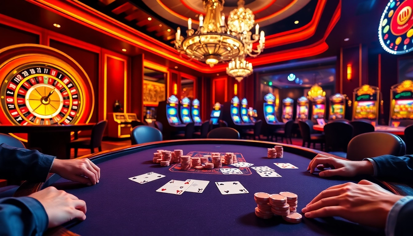 Experience i9bet's thrilling poker scene with players at an elegant table surrounded by captivating casino elements.