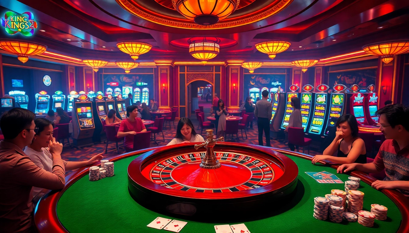 Players enjoying a thrilling roulette game at https://king88sa.com/, surrounded by excitement in a luxurious casino.