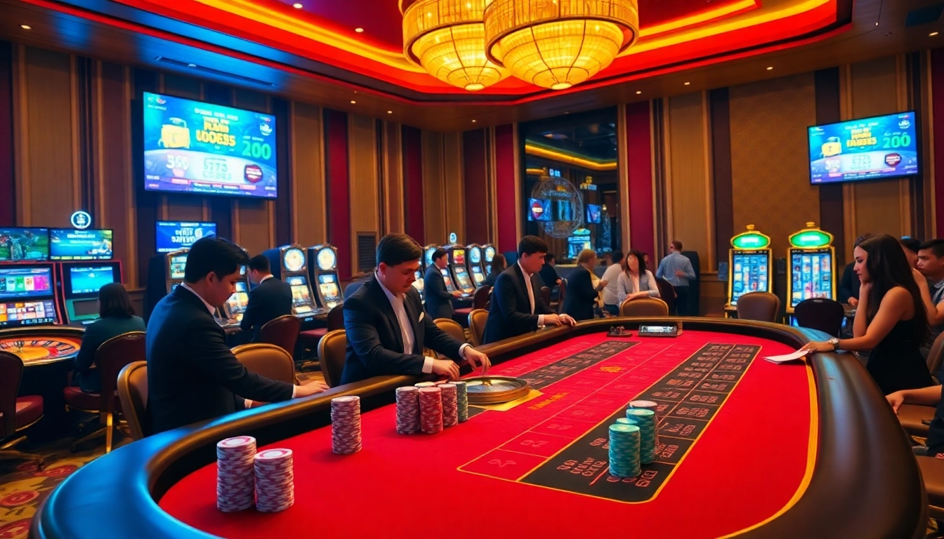 Experience the excitement of rr88 com with a colorful casino scene featuring gambling tables and players.