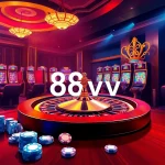 Experience thrilling online gaming with 88vv's elegant casino environment featuring vibrant slot machines and a roulette wheel.