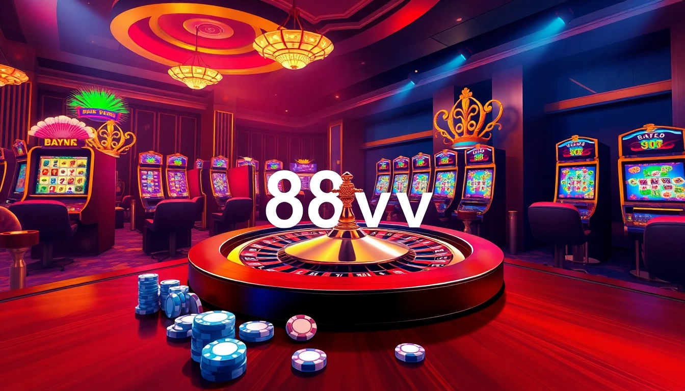 Experience thrilling online gaming with 88vv's elegant casino environment featuring vibrant slot machines and a roulette wheel.