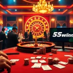 Experience the excitement of 55win at a luxurious casino with poker chips and betting slips.