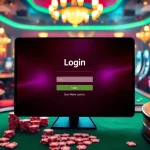 Login interface amidst a luxurious casino setting with poker chips and slot machines.