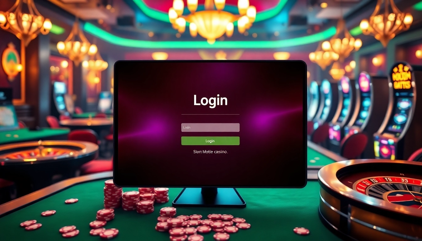 Login interface amidst a luxurious casino setting with poker chips and slot machines.