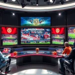 Engaging sports broadcasting studio with anchors discussing live sports events professionally.