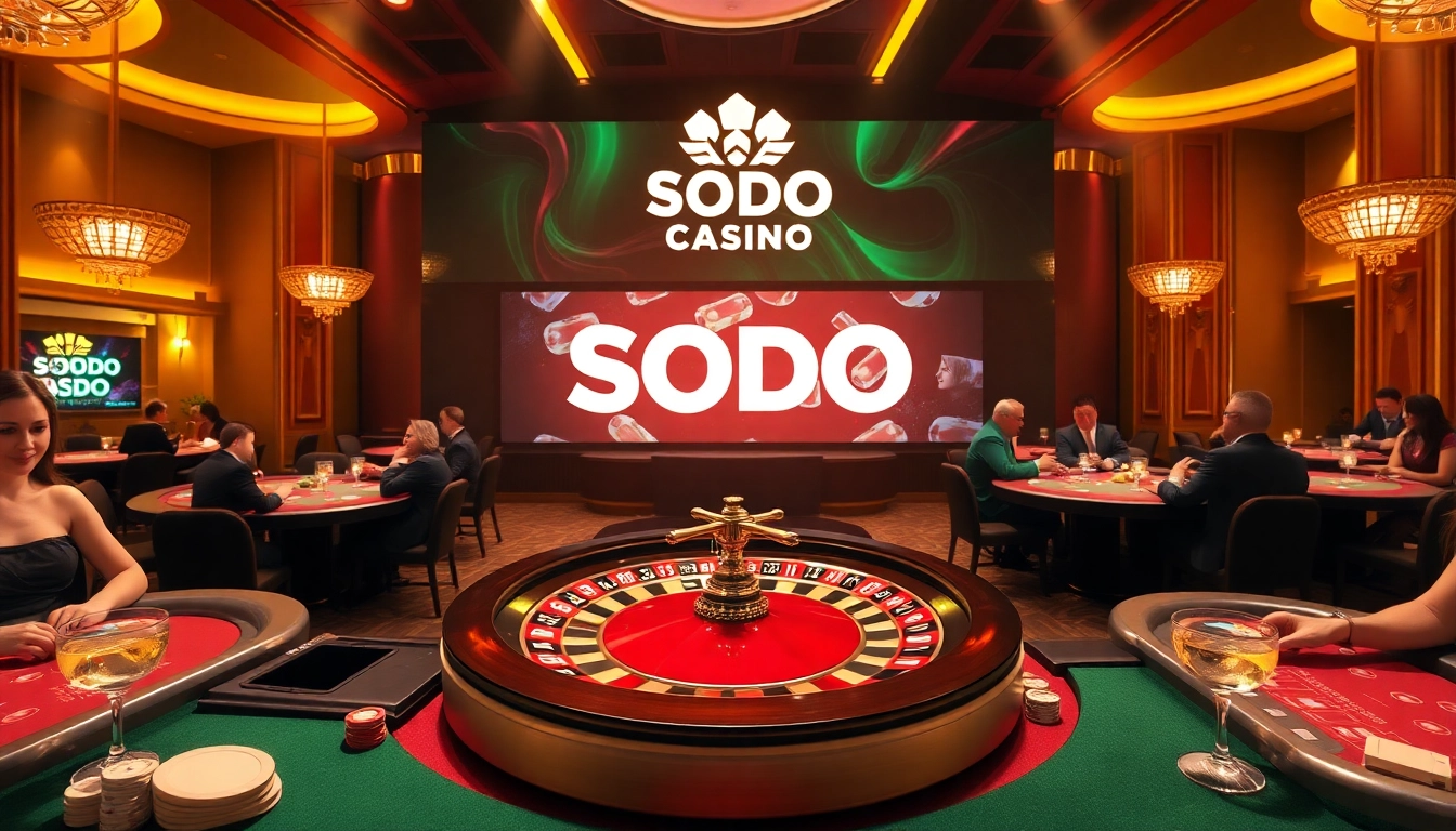Exciting gameplay at SODO Casino with luxurious tables, vibrant poker chips, and roulette.