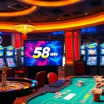 Engaging scene of players enjoying 58win casino games with vibrant slots and roulette.