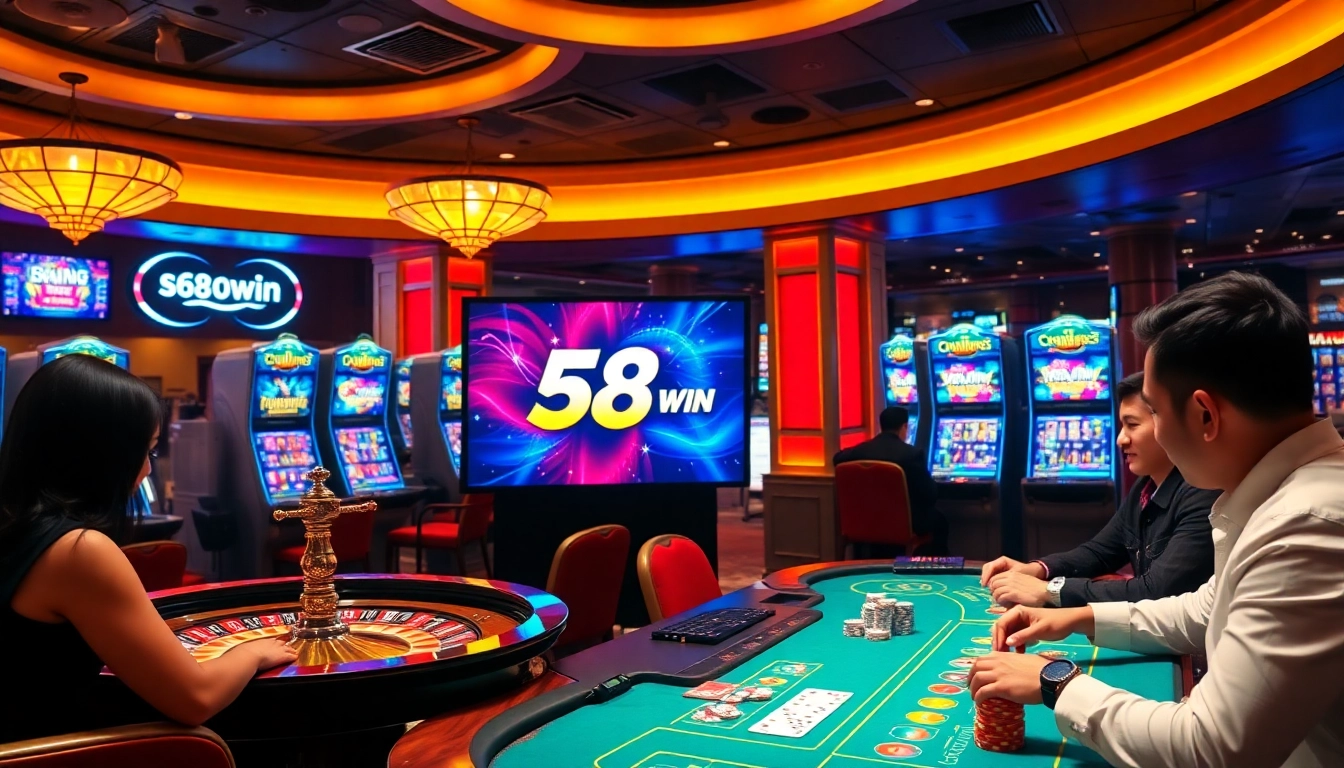 Engaging scene of players enjoying 58win casino games with vibrant slots and roulette.