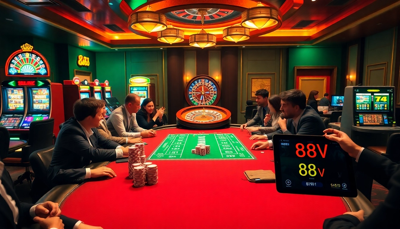 Players engaging with a vibrant poker table at 88vv casino, highlighting excitement and luxury.