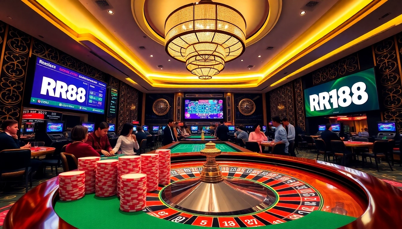 RR88 casino scene featuring players at a roulette table with vibrant chips.