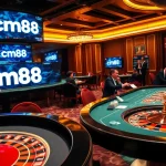 Experience the excitement of cm88 in a luxurious casino gaming environment with poker tables and roulette wheels.
