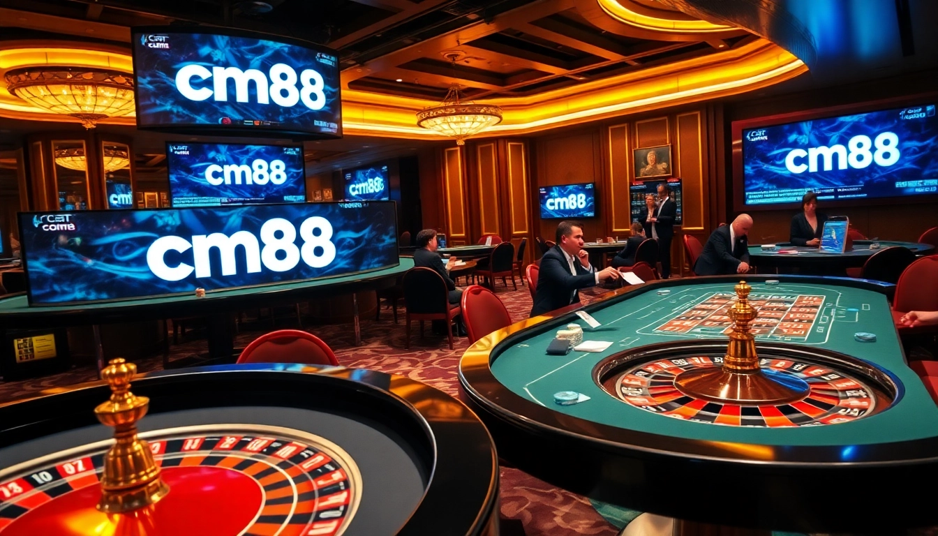 Experience the excitement of cm88 in a luxurious casino gaming environment with poker tables and roulette wheels.