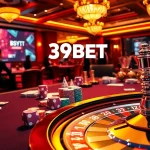 Exciting casino scene with 39BET logo, poker chips, and a roulette wheel.