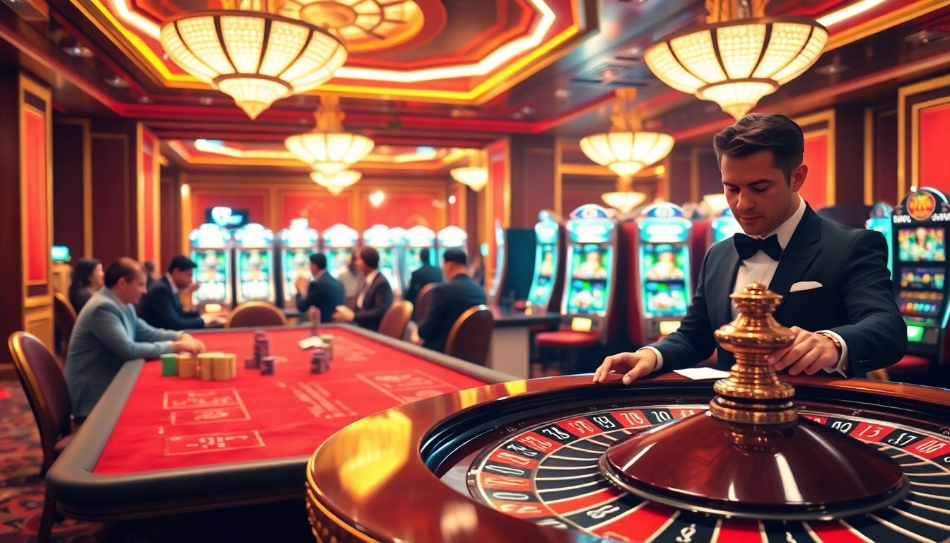 Players strategize their bets at a sunwin-style poker table amidst a luxurious casino backdrop.