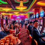Experience the excitement of nổ hũ with vibrant slot machines and jubilant gamblers in a luxurious casino.