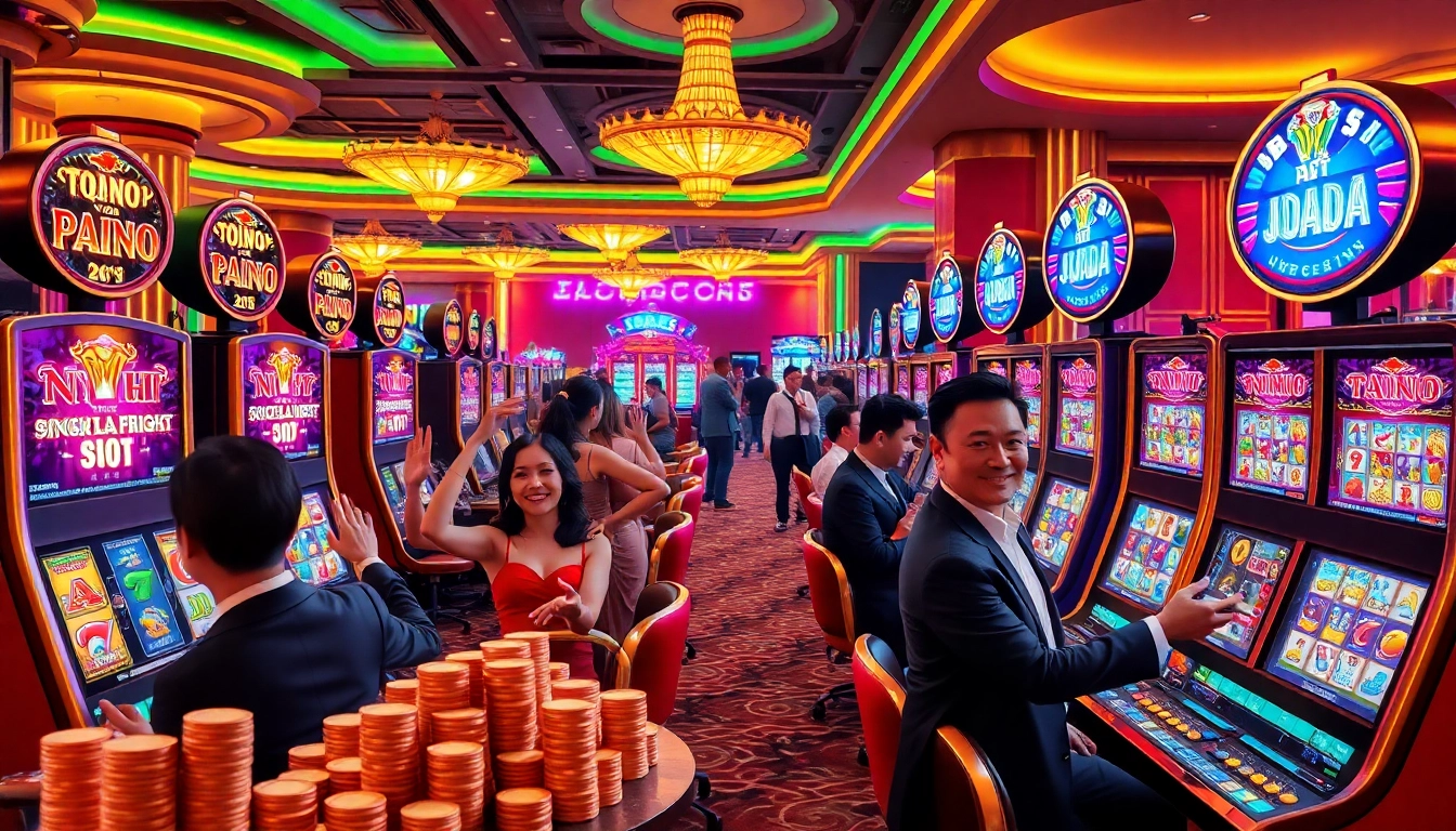 Experience the excitement of nổ hũ with vibrant slot machines and jubilant gamblers in a luxurious casino.