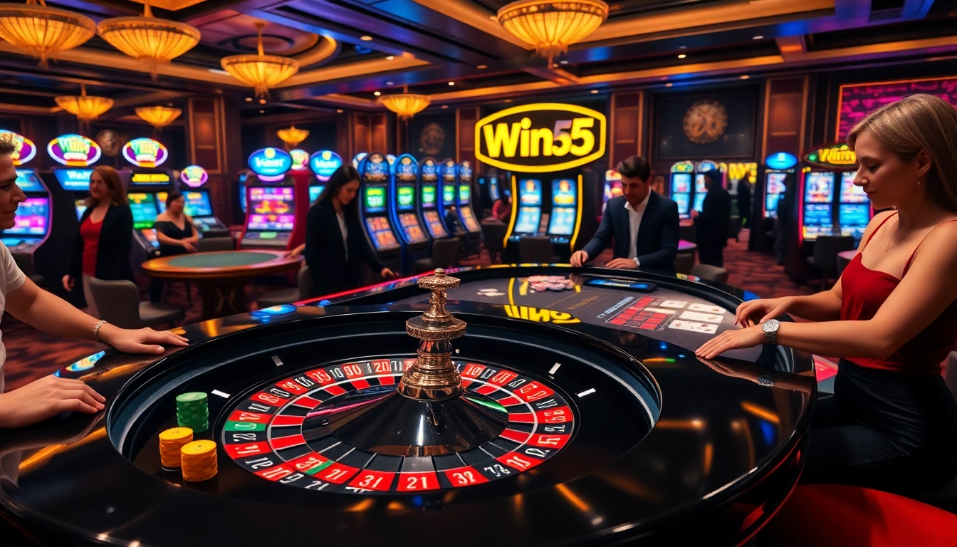 Players celebrating wins at a Win55-themed casino roulette table while placing bets.