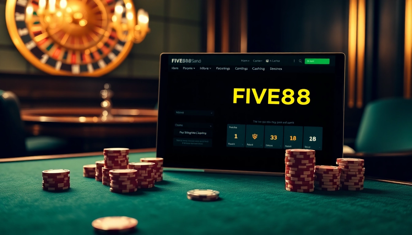 Experience the excitement of FIVE88 with luxurious casino games at a poker table.