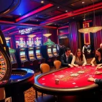 Experience the thrill of nhà cái KK55 with vibrant casino tables and excited gamblers.