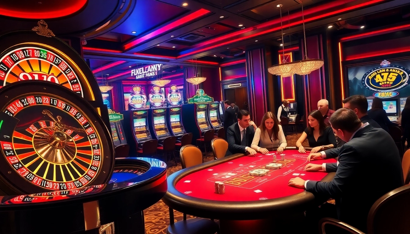 Experience the thrill of nhà cái KK55 with vibrant casino tables and excited gamblers.