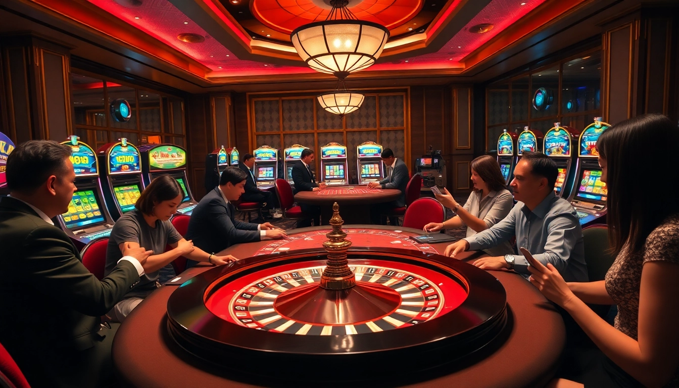 Players enjoying a high-stakes game of RIKVIP in a luxurious casino environment.