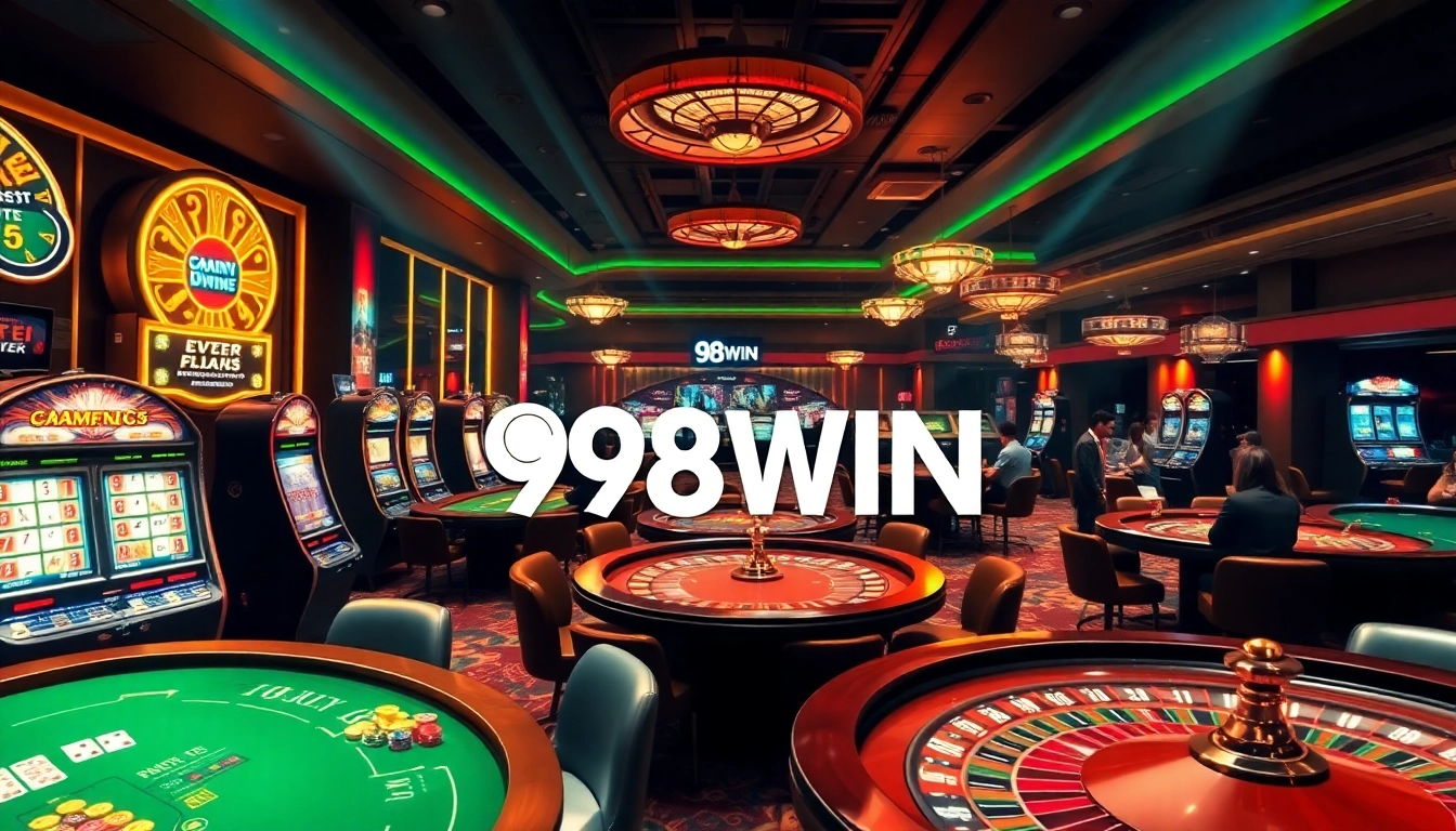 Experience the thrill of gambling at 98WIN with luxurious casino tables and vibrant slot machines.