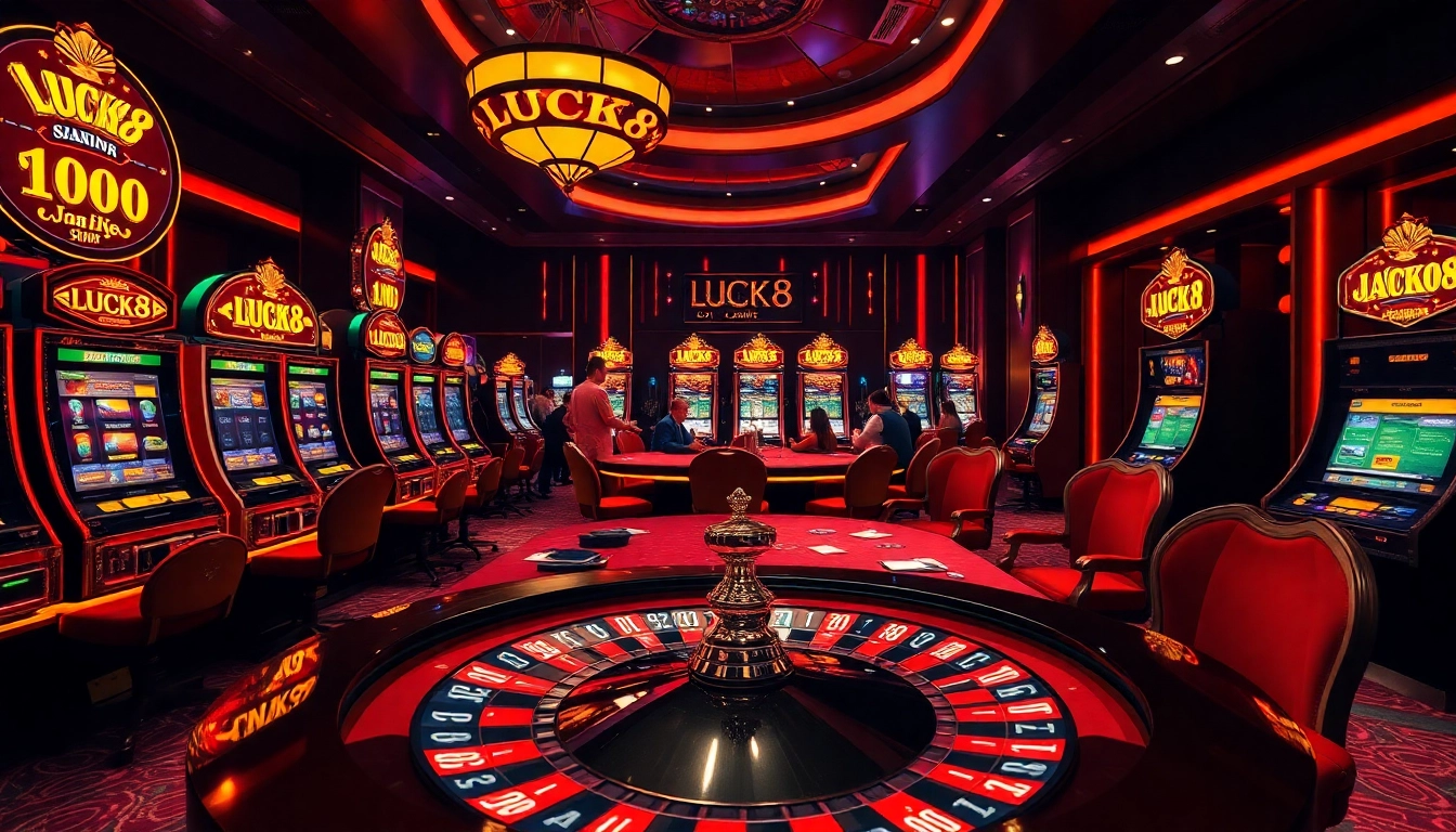 Trò chơi hấp dẫn tại bàn casino chủ đề LUCK8 với chip và bài xì phé.