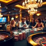 Engaged gamblers at U888's high-stakes poker table enjoying a thrilling casino night.
