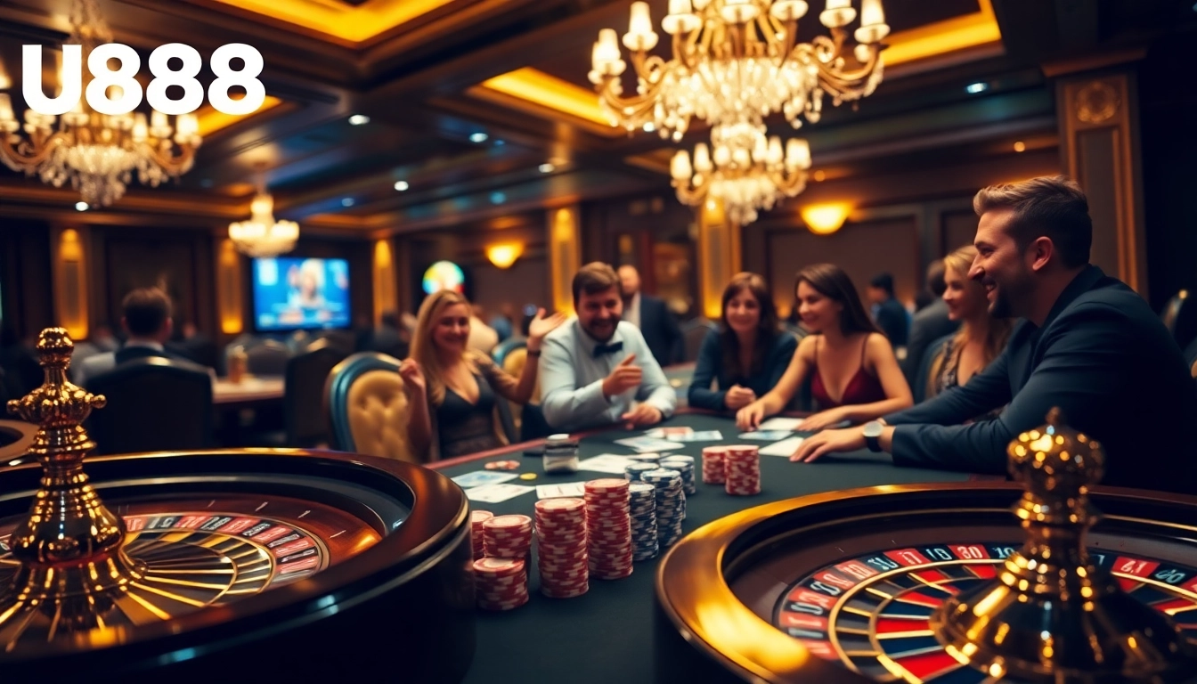 Engaged gamblers at U888's high-stakes poker table enjoying a thrilling casino night.