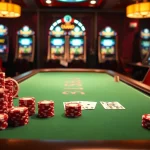 Experience thrilling s8 gameplay at a luxurious poker table surrounded by vibrant slot machines.