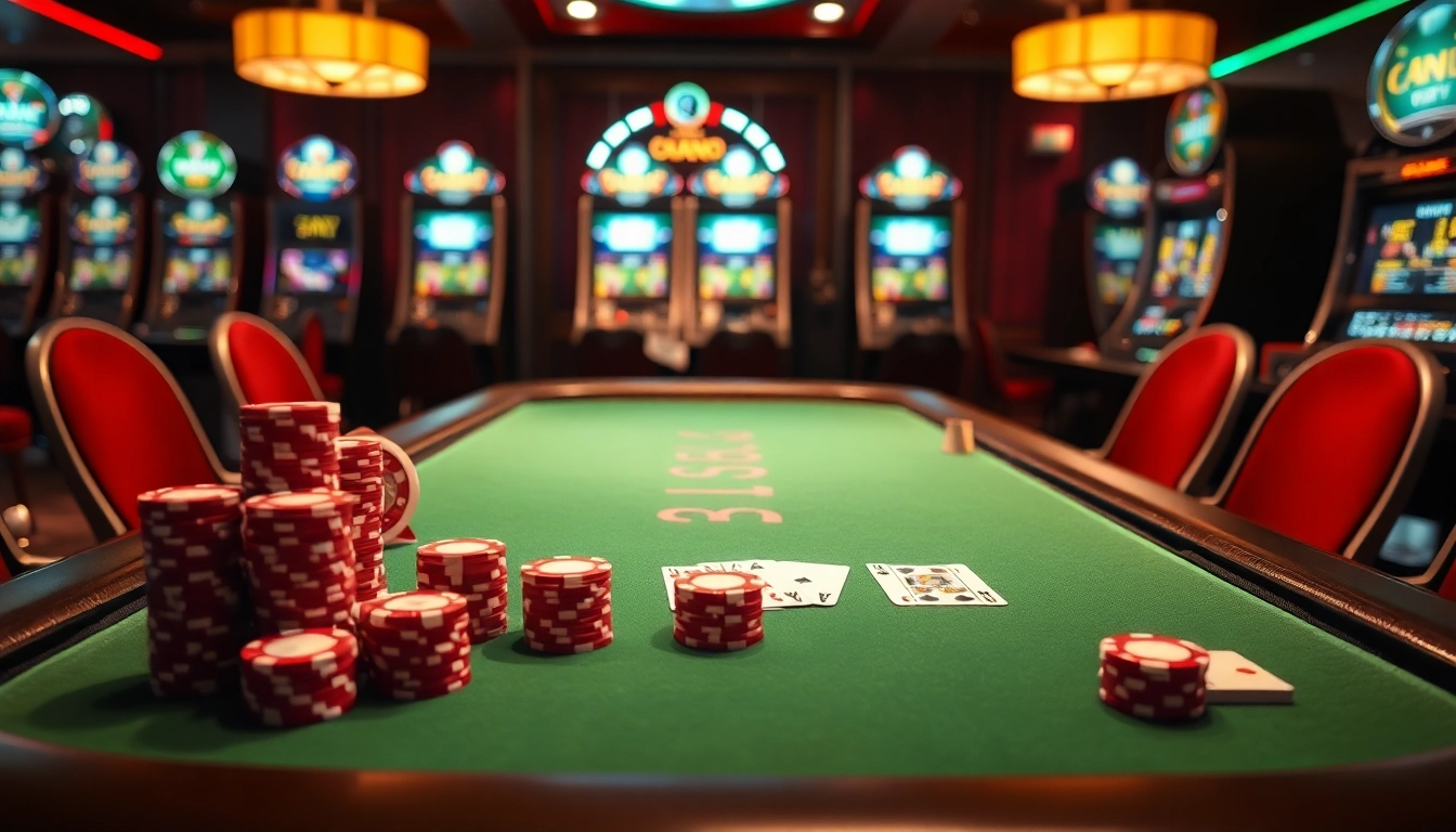 Experience thrilling s8 gameplay at a luxurious poker table surrounded by vibrant slot machines.