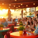 Social club Lloret de Mar hosting a lively gathering with diverse people enjoying activities and sunset views.