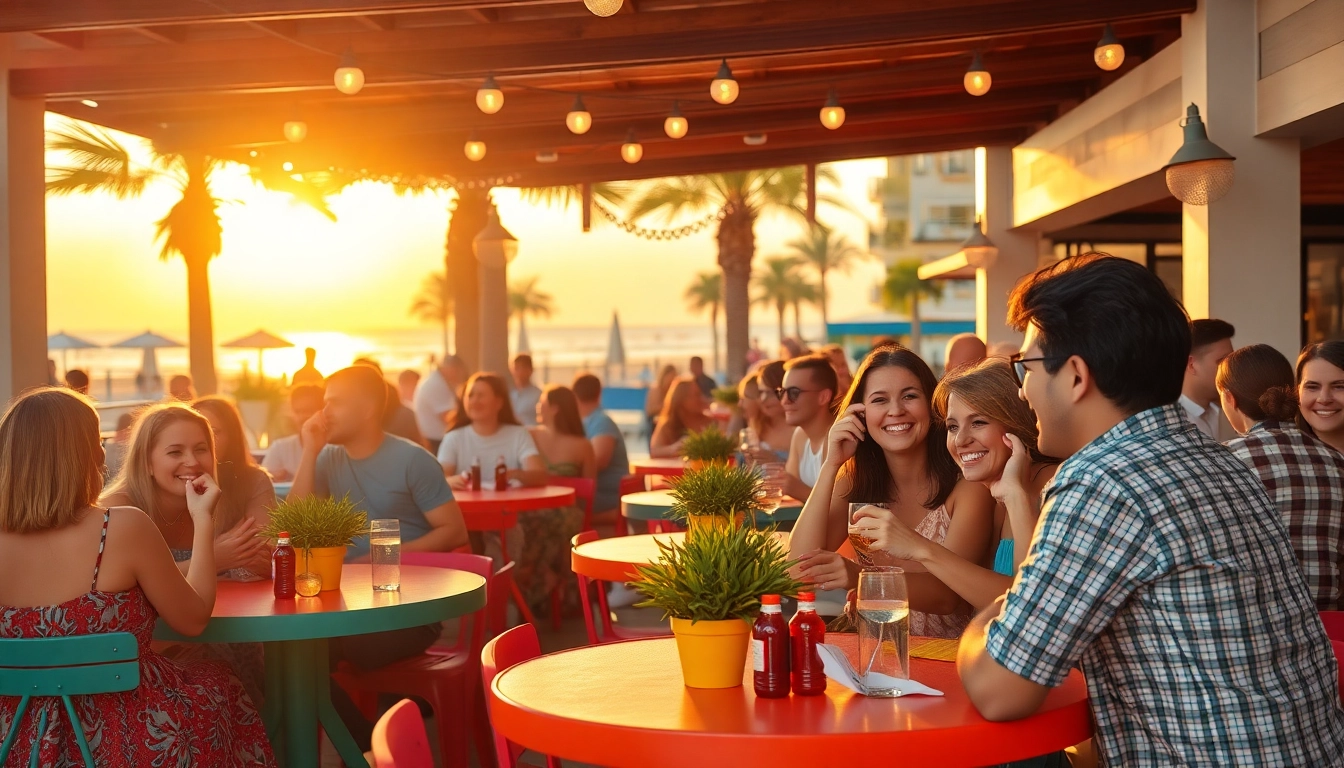 Social club Lloret de Mar hosting a lively gathering with diverse people enjoying activities and sunset views.