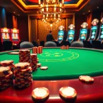 Experience the excitement of gambling with a visual from https://789club.quest/ showcasing an elegant casino with poker tables and slot machines.