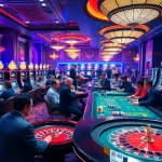 Exciting casino scene with players engaging at tables and slots, highlighting xin88's thrilling gaming experience.