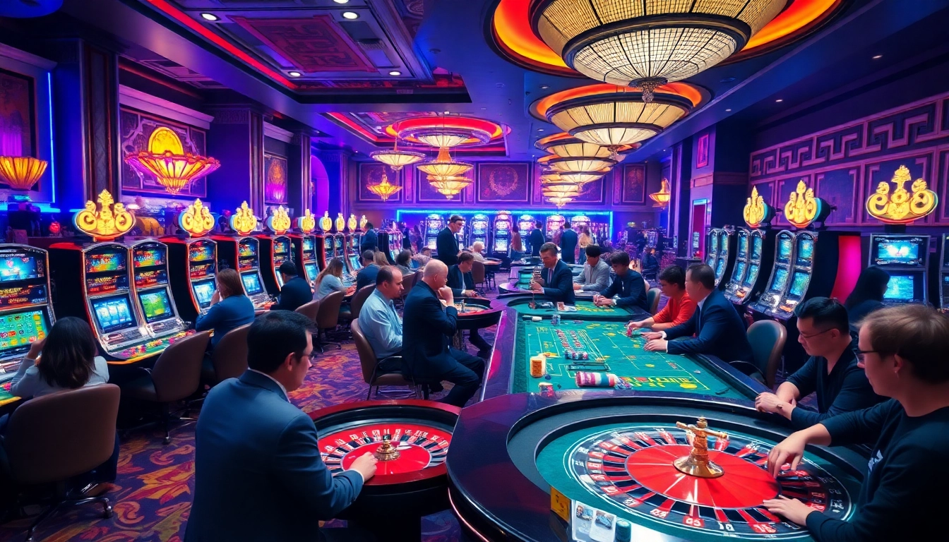 Exciting casino scene with players engaging at tables and slots, highlighting xin88's thrilling gaming experience.