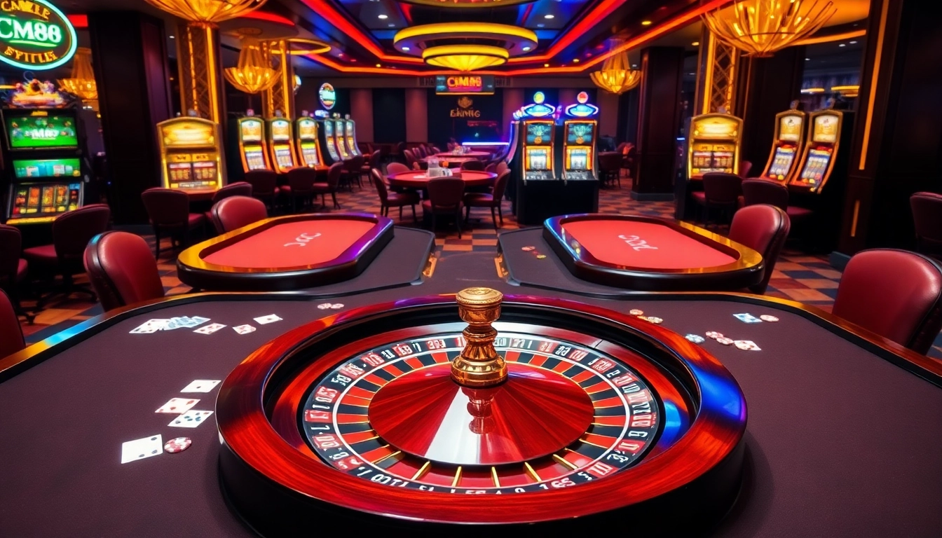 CM88 branded poker table surrounded by elegant gaming elements in a luxurious casino.