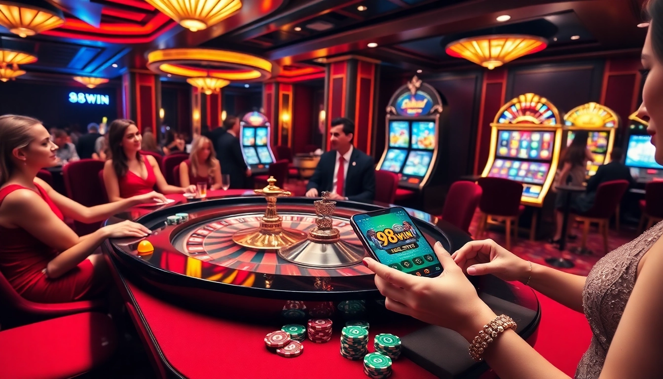 Experience the excitement of the app 98win in a luxury casino environment filled with roulette tables and players.