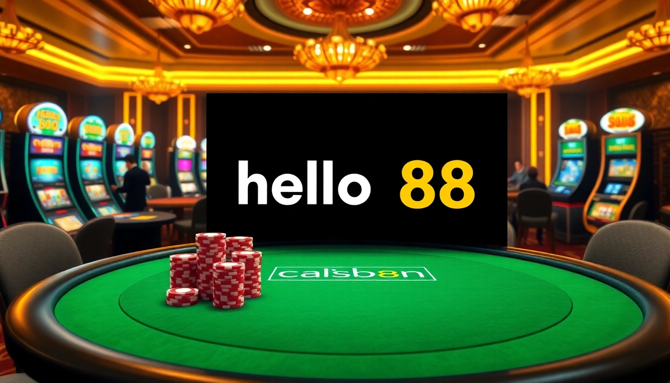 Engaging online gambling scene featuring hello88 with vibrant poker chips and luxury casino elements.