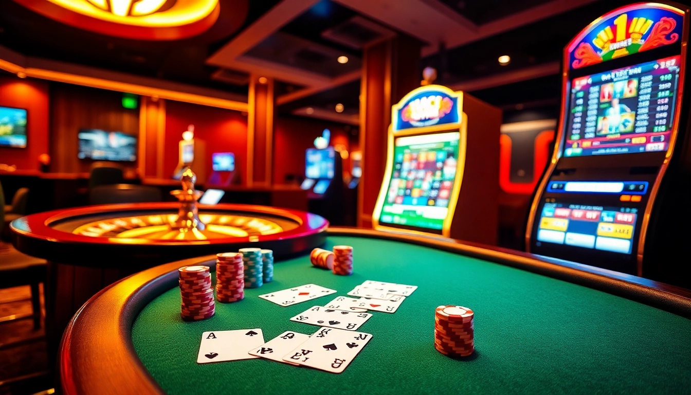 Experience the thrill of Luck8882 with a vibrant casino scene featuring poker, roulette, and slots.