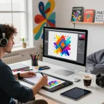 Digital artist using an image to prompt tool to generate vibrant AI artwork in a creative workspace.