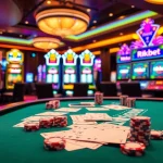 Gambling excitement at https://rikbet.com.co/ with vibrant casino tables, poker chips, and slot machines.