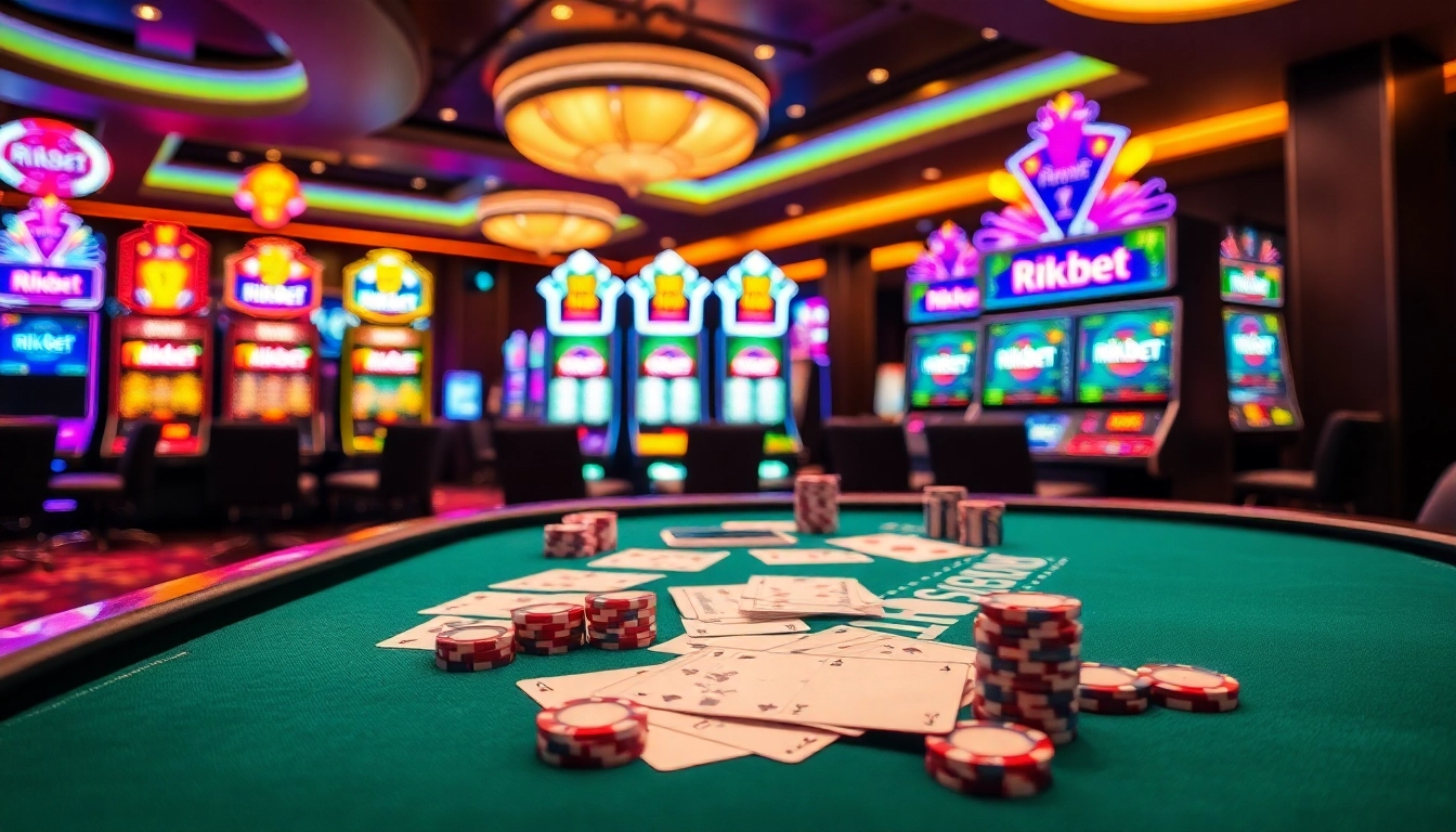 Gambling excitement at https://rikbet.com.co/ with vibrant casino tables, poker chips, and slot machines.