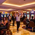 Fly 88 players celebrating a win at a vibrant casino slot machine area, showcasing excitement and luxury.