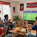 Friends enjoying Trực tiếp bóng đá CakhiaTV live soccer broadcast in a lively living room.