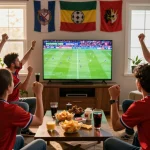 Fans cheering together while watching Trực tiếp bóng đá CakhiaTV during a football match.