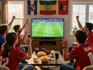 Fans cheering together while watching Trực tiếp bóng đá CakhiaTV during a football match.