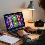 F168 player engaging with colorful slot game on laptop, surrounded by betting notes and chips