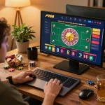 Player engaging with F168 online roulette game on laptop in a cozy home setting